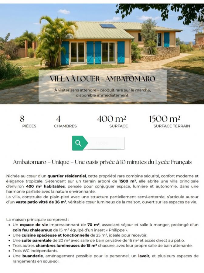 Location annuelle Maison/Villa ANTANANARIVO MADAGASCAR  